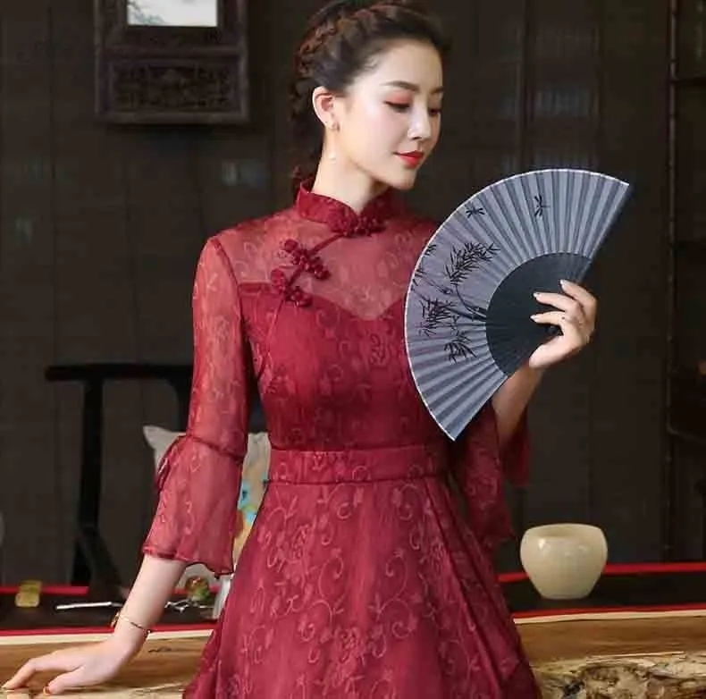 Новинка Ретро народный ветер Cheongsam Длинные платья Chinoise вино красное Qi Pao женское китайское платье Qipao Восточный стиль вечернее платье