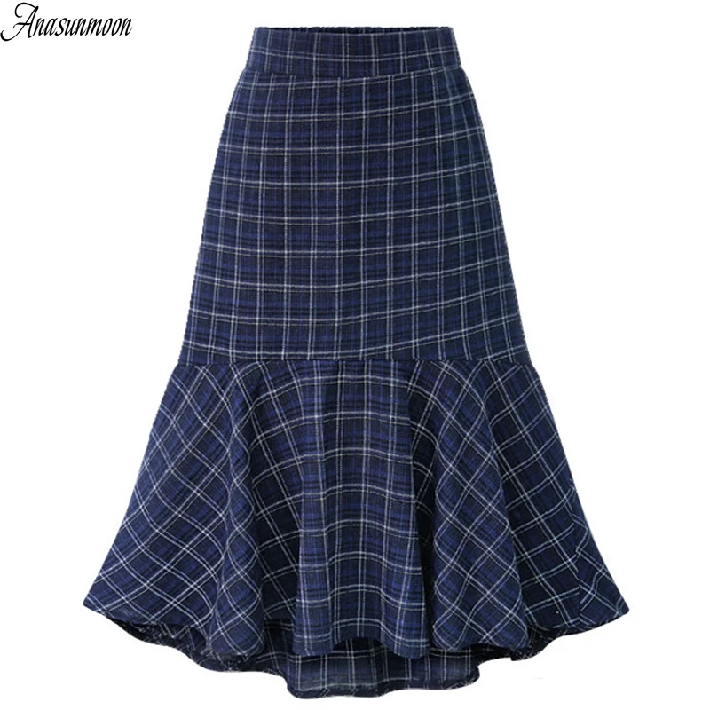 

Plus Size Autumn Style Scottish Plaid Skirt Women Warm Elastic Hight Waist Skater Pleated Skirt Knee Length Casual Skirt Saia