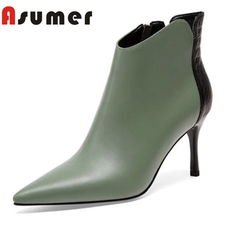 

ASUMER HOT SALE 2020 popular elegant ankle boots for women pointed toe high heels boots shallow thin heels genuine leather boots
