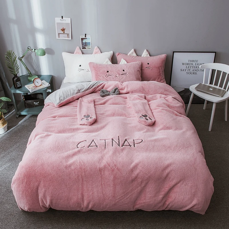Белый, розовый, серый, зимний толстый фланелевый Комплект постельного белья с кошачьими ушками, мягкий флисовый пододеяльник, простыня/льняные наволочки