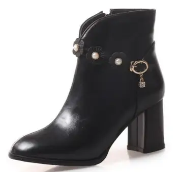 

Sapato Feminino Women Ankle Boots PU Leather Shoes Woman Chunky High Heels Gladiator Chaussure Booties Flowers Pearls XZ181626