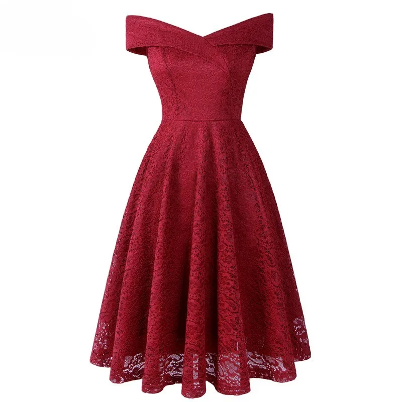 

Women Elegant Lace Dress High Quality 2019 Summer Sexy Off Shoulder V-neck A-Line Double Layer Vintage Party Dresses Vestidos