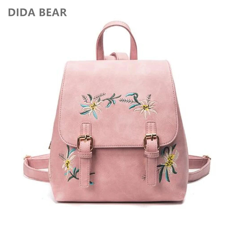 DIDA BEAR Brand Women Leather Backpacks Female School bags for Girls Rucksack Small Floral Embroidery Flowers Bagpack Mochila