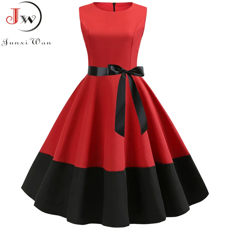

Retro Women Summer Casual Robe Rockabilly 50s 60s Vintage Dress Vestidos Swing Pin up Red Black Patchwork Elegant Party Dresses