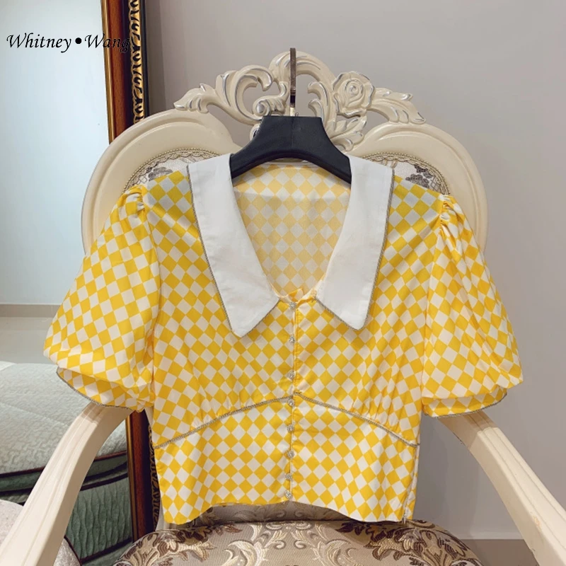 WHITNEY WANG Blouses Woman Summer Fashion Vintage Style Lantern Sleeve High Waist Check Blouse Women blusas Shirt Tops
