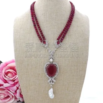 

K110102 19" 2Strands Red A1gate Necklace Keshi Pearl CZ Pendant