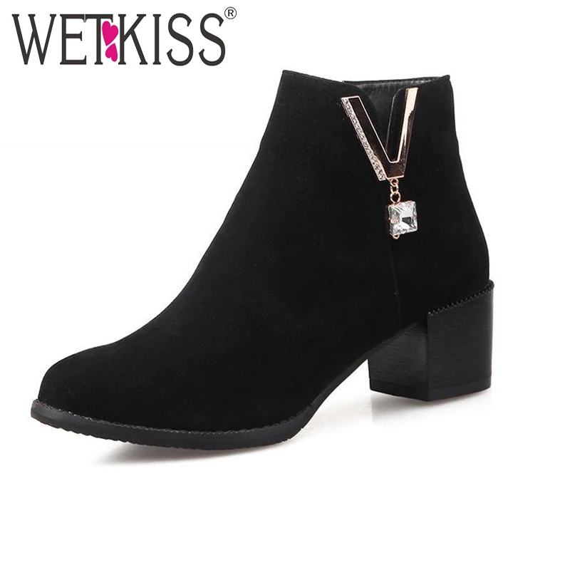 

WETKISS Big Size 32-46 Popular Metal Charm Fall Winter Boots Cozy Flock Pointed Toe Ankle Boots Zip Rhinestone Female Footwear