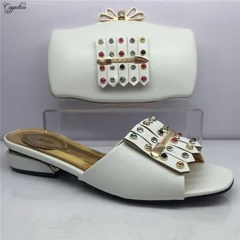 

Pretty white with stones African slipper shoes and evening handbag set for wedding/party GY20, heel height 4cm