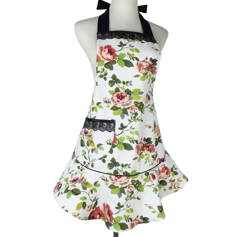 XiuMood Apron Kitchen Cooking Baking Chef Aprons For Woman Restaurant Waitress Work Bib Canvas Flowers With Black Lace Pockets