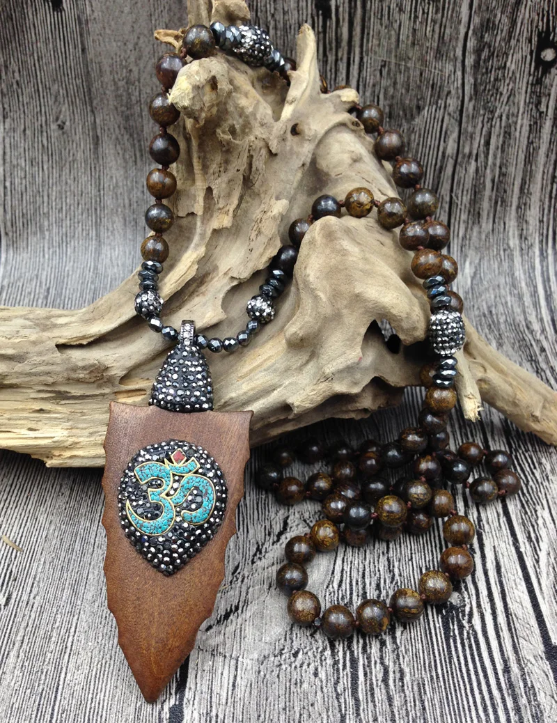 

YA2678 Wood Arrow Pendant Pave Crystal Chakra Hematite Bronzite 8mm Beads Knot Handmade Necklace choose 30inch or 40inch long
