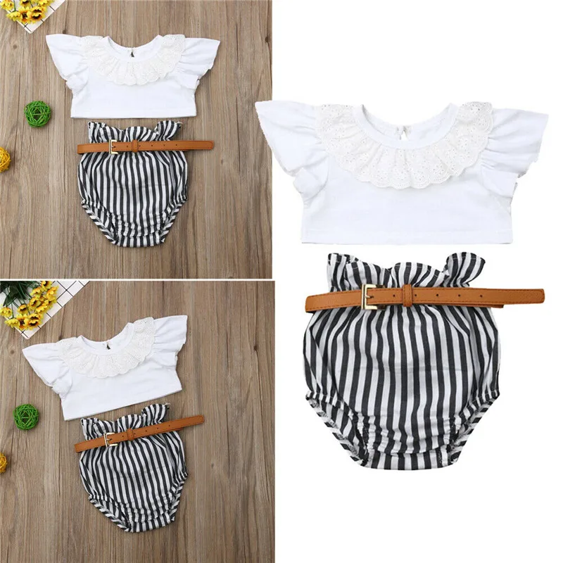 

Summer Toddler Baby Girl clothes set Lace short sleeve Top +Stripe Shorts 2Pcs Outfits set clothes