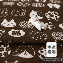 3 piezas marrón gato de la suerte de impresión de dibujos animados 100% tela de lino Vintage para sofá/bolsa de tejido Patchwork manteles de coser material de tela