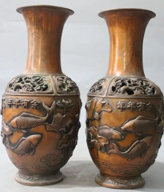 

S2301 13" Marked Chinese Bronze Boat Crane Lotus Flower Fish Goldfish Vase Bottle Pair