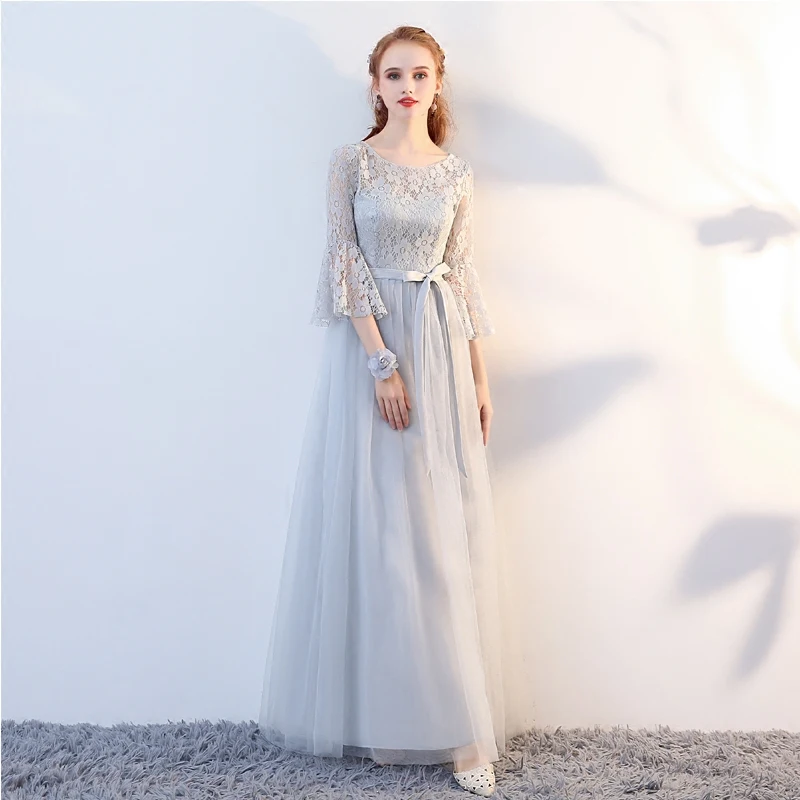 SJZL 70 # серое платье подружки невесты с длинным рукавом и круглым воротником на