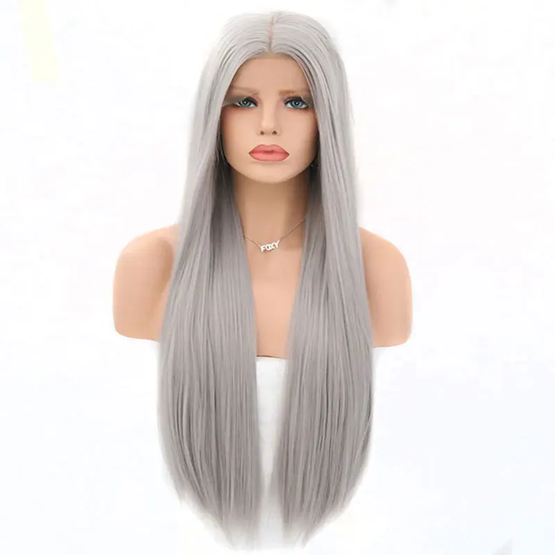 

Bombshell Long Straight Gray Synthetic Lace Front Wig Silver Grey Soft Natural Hairline Heat Resistant Synthetic Hair Women Wigs