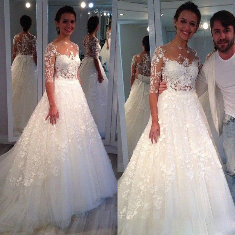 

vestidos de noiva Hot sale Custom made weding dress Lace Appliques A-Line half sleeve Wedding dress 2019