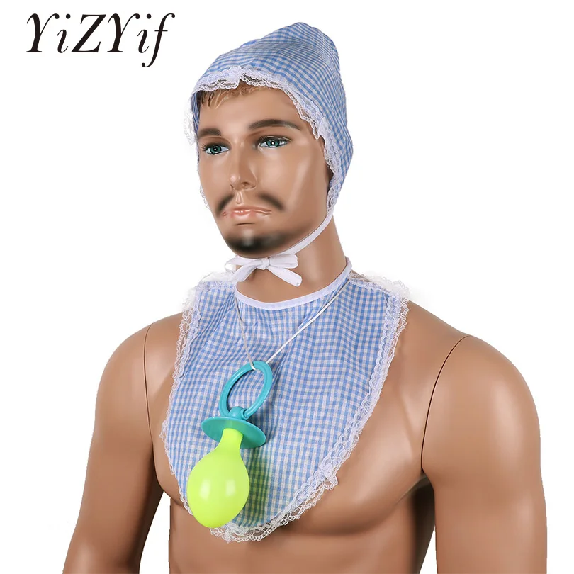 

YiZYiF Adult Baby Cosplay Costume Funny Dummy Bib Diaper Bonnet Set Fancy Dress Stag Night Party Cosplay Supplies Accessories