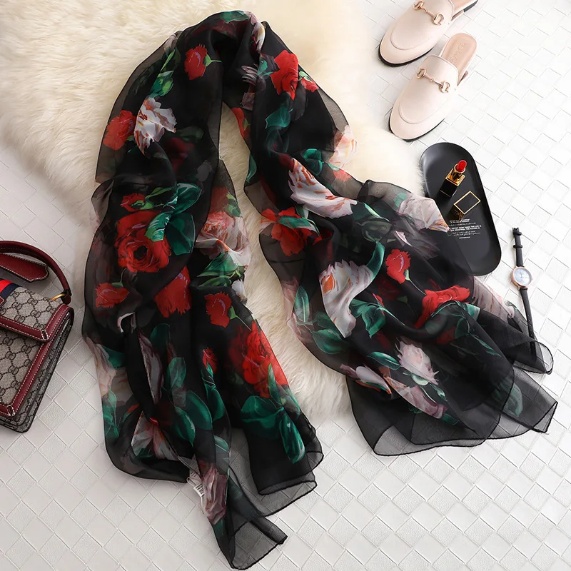 

RUNMEIFA 2019 New Fashion Spring Silk Solid Scarf For Women Rose print Long Soft Wraps and Shawls Beach Hijab Female Foulard