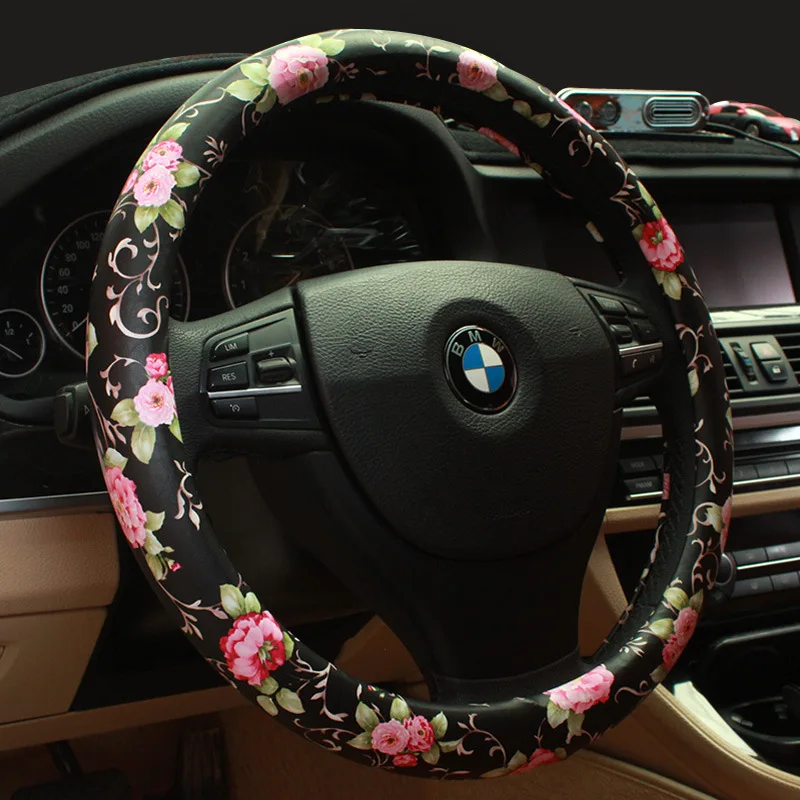 Vintage Leather Steering Wheel Cover Flower Printing Women's Car