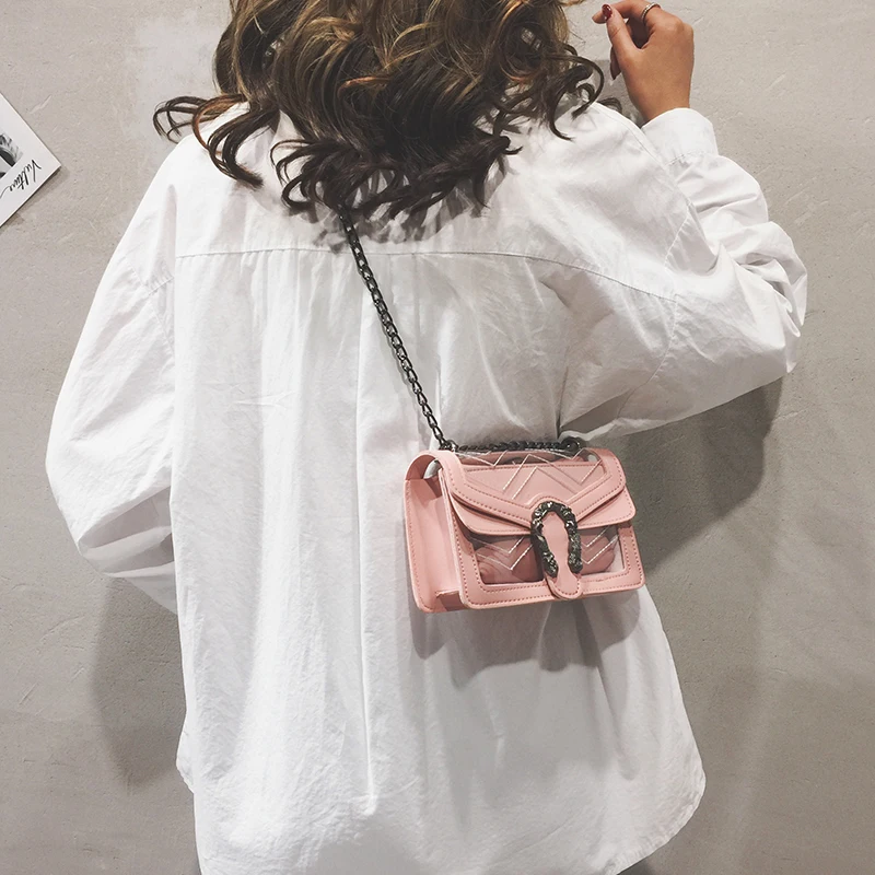 

Transparent Luxury PVC Handbag Clear Plastic Bag Mini Bags For Women 2019 Quilted Black Chain Bags Yellow White Pink Handbags