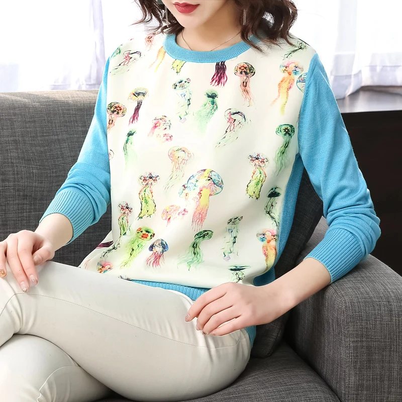 

Brand Sweater 2019 Spring Women Short Sweater New Splicing Jellyfish Pattern O-neck Knit Sweater Loose Pullover Sweater Female