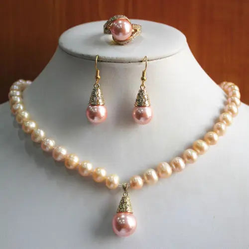 

Charming Women'S 8mm Pink Shell Pearl Necklace Earring Ring(7/8/9) Jewelry Set