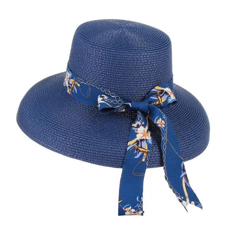 Navy Blue GEMVIE большая соломенная шляпа ручной работы летние шляпы для женщин плоский Топ ведро шляпа шляпка для церкви печать Длинная лента лук дамы пляж Кепка - Цвет: Navy Blue