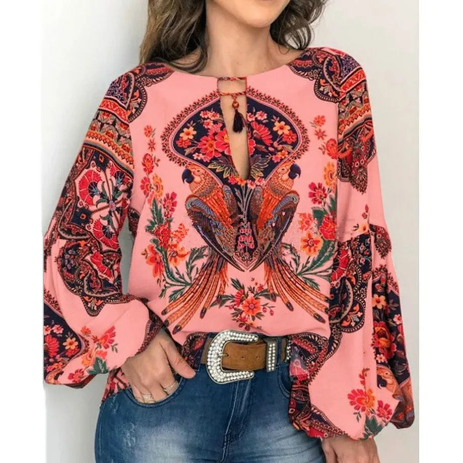 

2019 Vintage Printed Summer Boho Clothing Chiffon Blouse Women Tops Shirt Lantern Sleeve Loose Plus Size Blouses