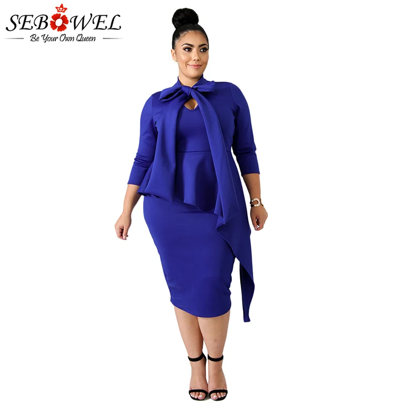 Blue-Bowknot-Mock-Neck-Plus-Size-Bodycon-Dress-LC610372-5-1 