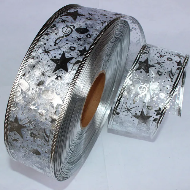 50MM Wide Silver Ribbon Gauze Ribbon Printing Star Christmas Tree