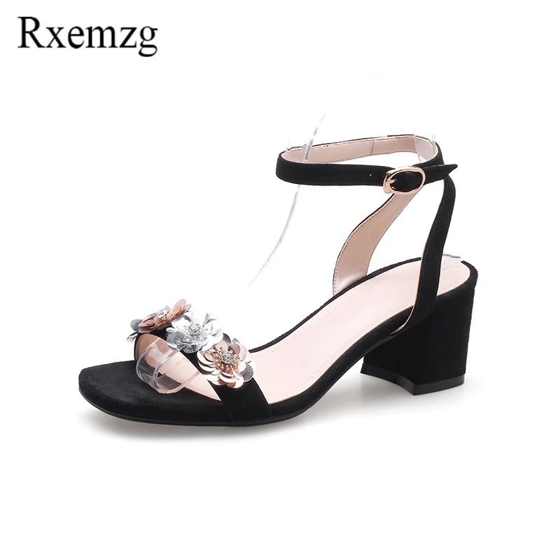 

Rxemzg 2018 new sheep suede summer sandals women fashion sequined flower ankle strap shoes woman square high heels party shoes
