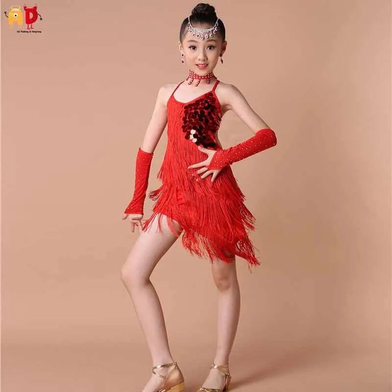 

AD Tassel Latin Dance Girls Dress Professional Kids Teens Performance Training Dancing Dresses Children's Clothing Clothes