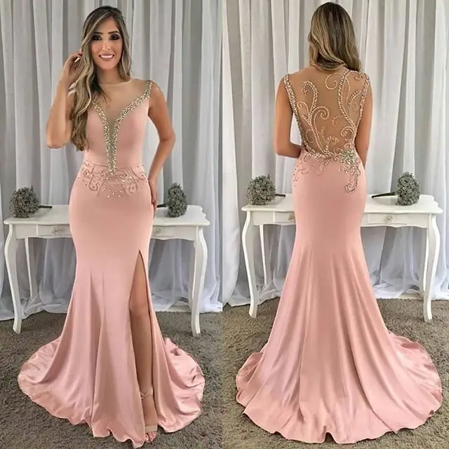 Vestidos Largos De Gasa Para Baile De Graduación Novedad De 2019 Cuello Redondo Sin Mangas Largo Hasta El Suelo Con Cuentas Vestidos De Graduación Aliexpress