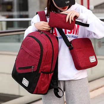 

2019 Fashion Casual summer Women's Men's Outdoor Three-Piece Canvas Solid Color Backpack Travel Shoulder Bag