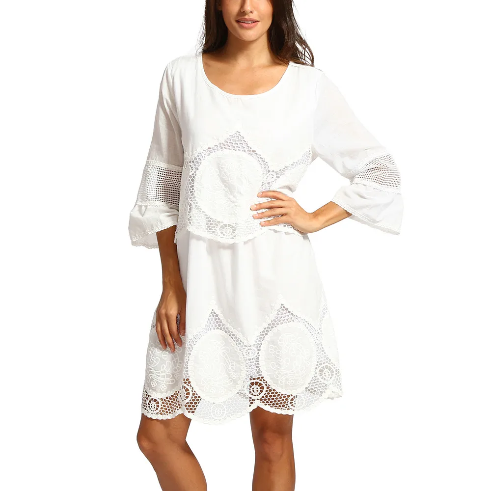 Women Dress Fashion Plus Size White Lace Embroidery Hollow-out Round Neck Boho Beach Dress O-Neck Solid Dress Freeship F#M30  (2)