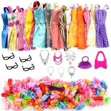 32 item/conjunto boneca acessórios =, 10 pçs, boneca, roupas, vestido + 4 óculos + 6 colar de plástico + sapatos para boneca barbie 2 bolsas + 10 pares