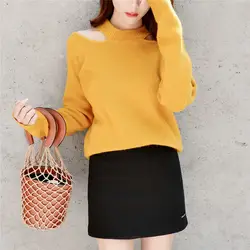 Женский свитер пуловеры с длинным рукавом для осени 2018, трикотажные Модные женские роскошные элегантные топы, желтый трикотаж, Новое
