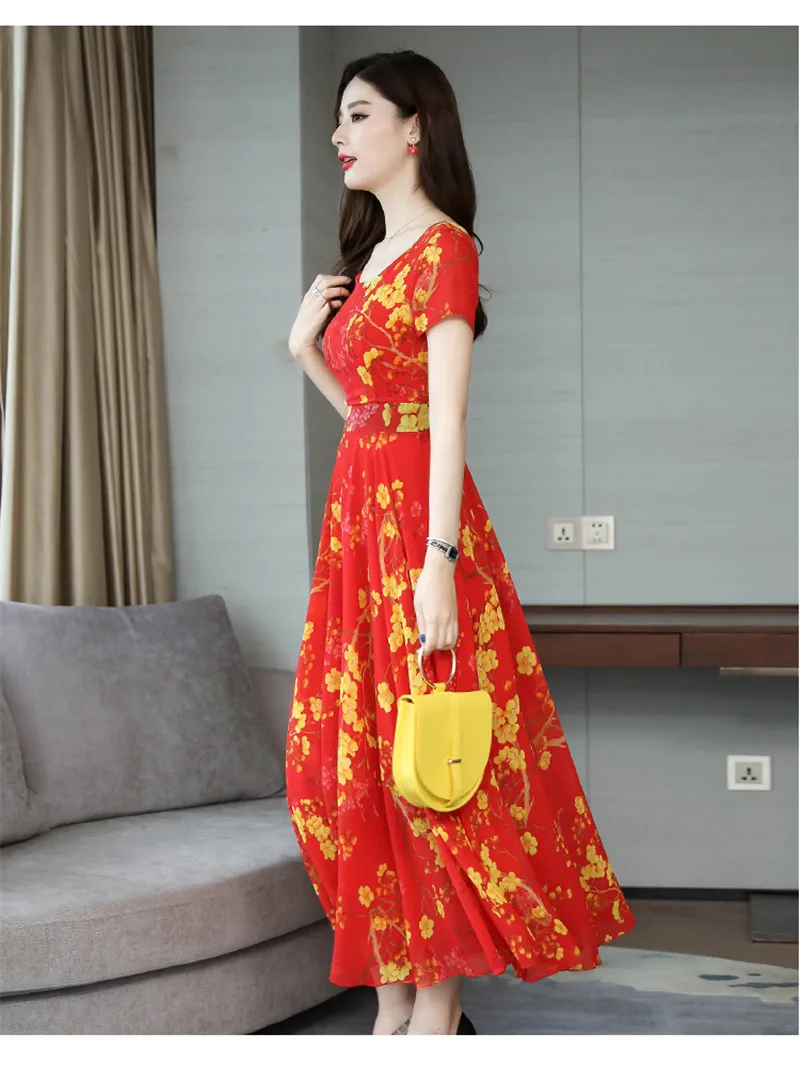 SexeMara Bohemian Style O-Neck Short-Sleeved Printed Temperament Waist Chiffon Long Large Dress 2019 Summer New Style (15)