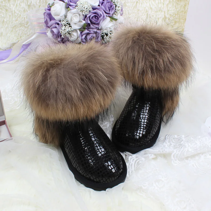 Top Fashion 2020 Women's Natural Fox Fur Snow Boots 100% Genuine Cow Leather Winter Boots Female Winter Shoes Women Boots
