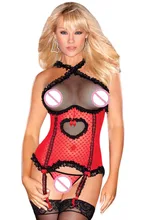 2017 Sexy Women Lady Fishnet and Heart Mesh Cami-Garter and G-String LC1182 Lingerie Sets Bodysuit corpetes