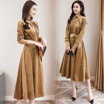 

Fashion Vintage Velvet Dress Women 2018 Autumn and Winter Long Sleeve Mid-Calf Vestidos Casual Bandage Dress Casual Party Dress
