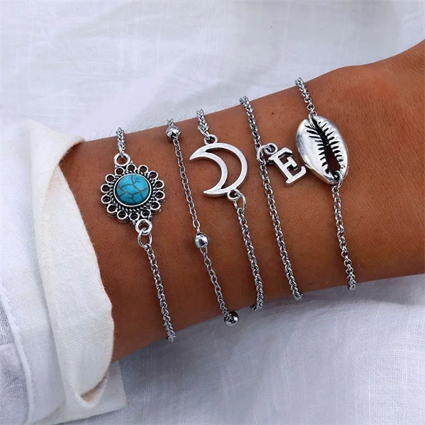 Vienkim один набор винтажные манжеты серебряные браслеты наборы для женщин Богемия луна браслет-цепочка Ювелирные изделия Подарки - Окраска металла: ZL0000173
