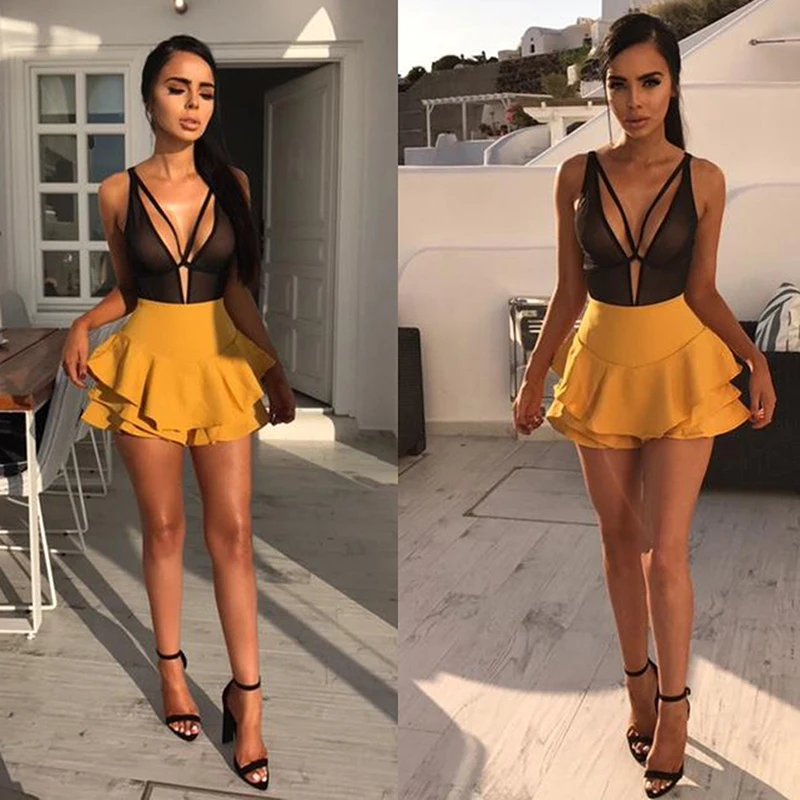 New Summer Ruffle pleated bandage skirts Women's Skirts Short High Waist Hip Body Small Fresh Culottes streetwear |