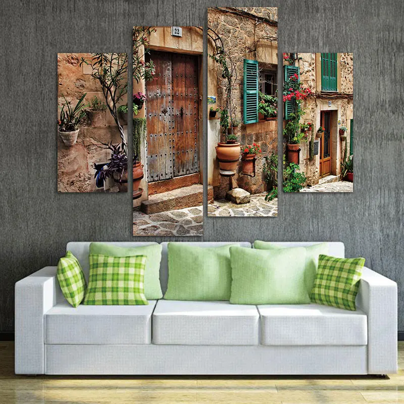 

Painting On Canvas wall art Architecture Pictures print For Home Decor4 Panel Wall Art Streets Of Old Flower Door Window