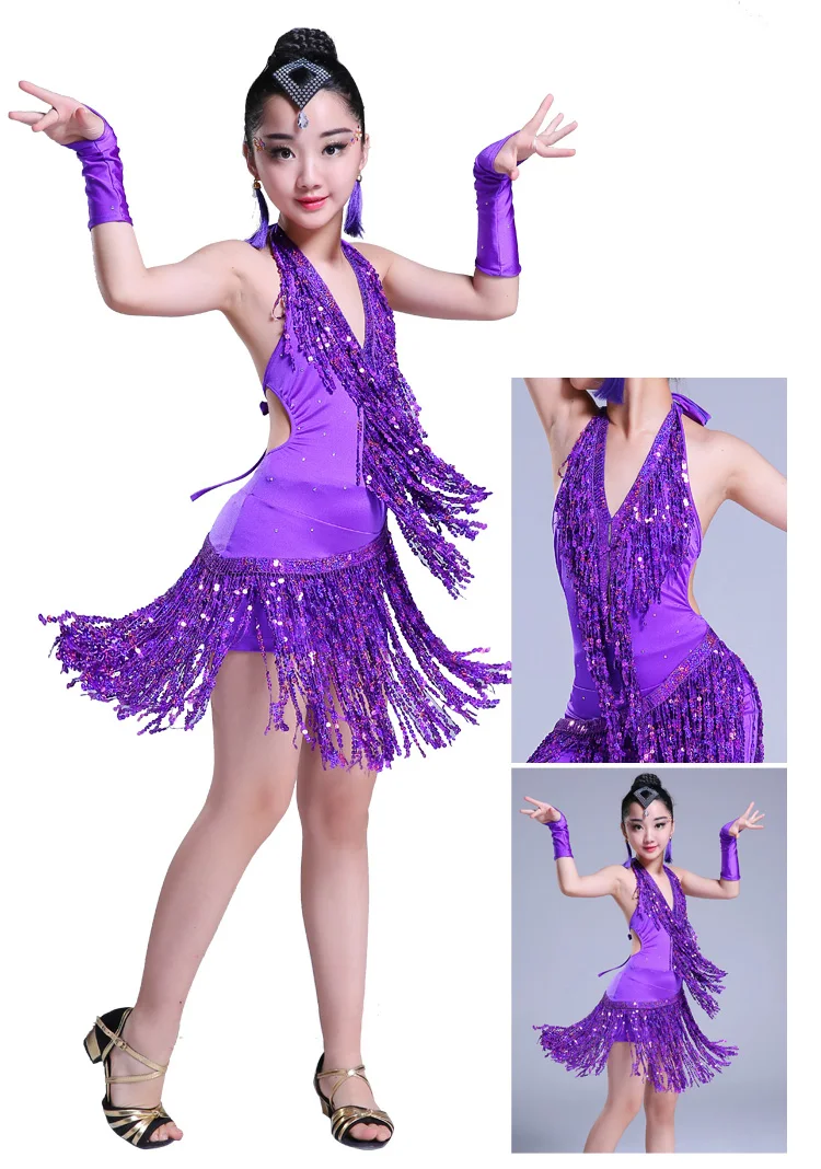 professional girls sequin latin dance dress fringe tassels salsa