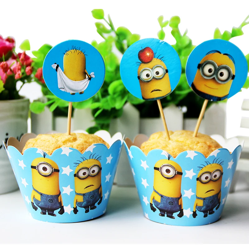 Despicable ME Minions cupcake wrappers cake toppers picks decoration cake cup baby kids birthday