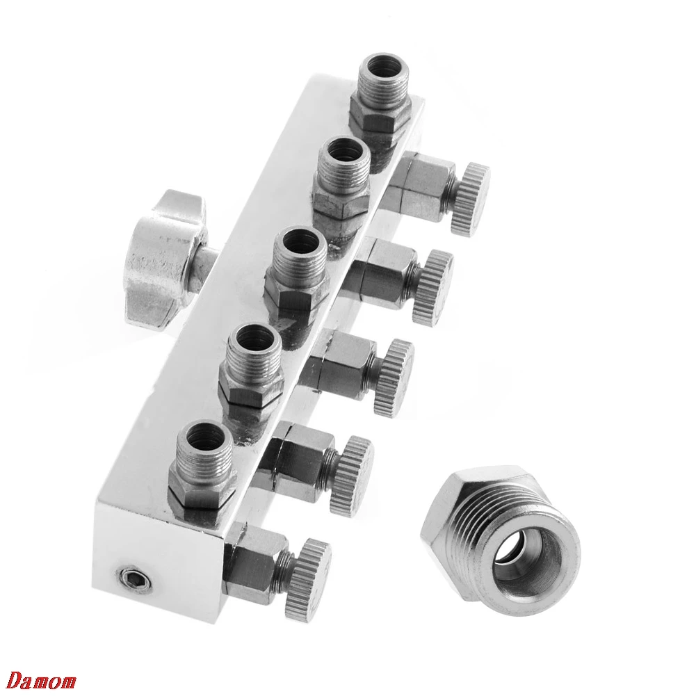 

5-Way Airbrush Air Hose Splitter With Regulated Metering Manifold & 1/4" BSP Female Inlet+1/8" BSP Male Air Outlet