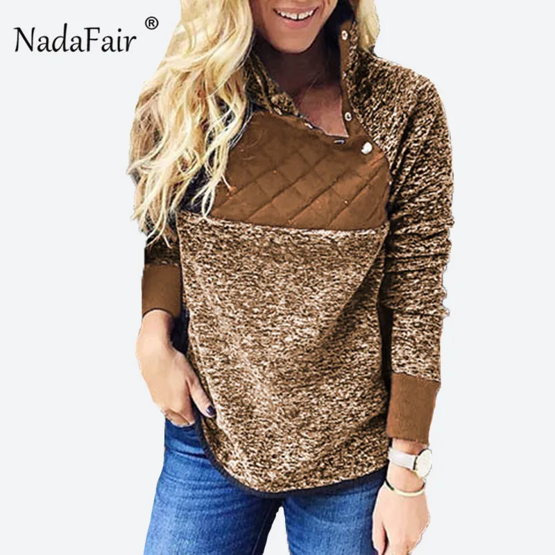  Nadafair Oversized Fleece Hoodie Women Autumn Faux Fur Patchwork Turtleneck Casual Plus Size Sweats