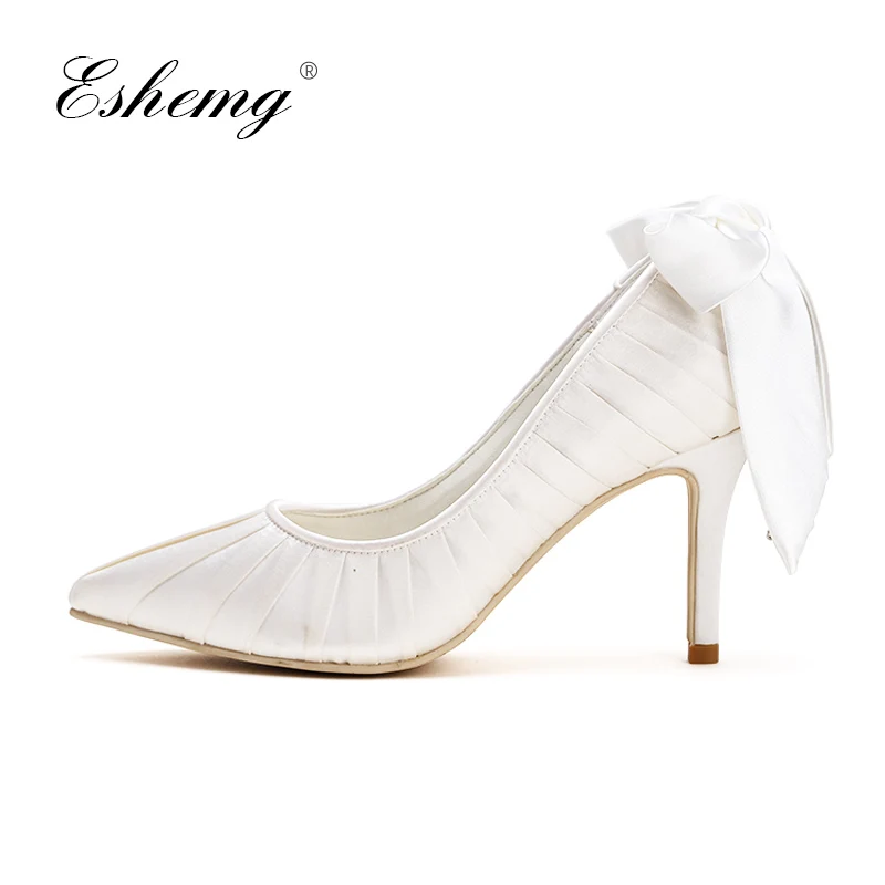 

2019 Shoes Woman Bridal Wedding High heel White Ivory Pointed Toe slip on Bows Stain Bride Bridesmaid Prom Party dress Pumps