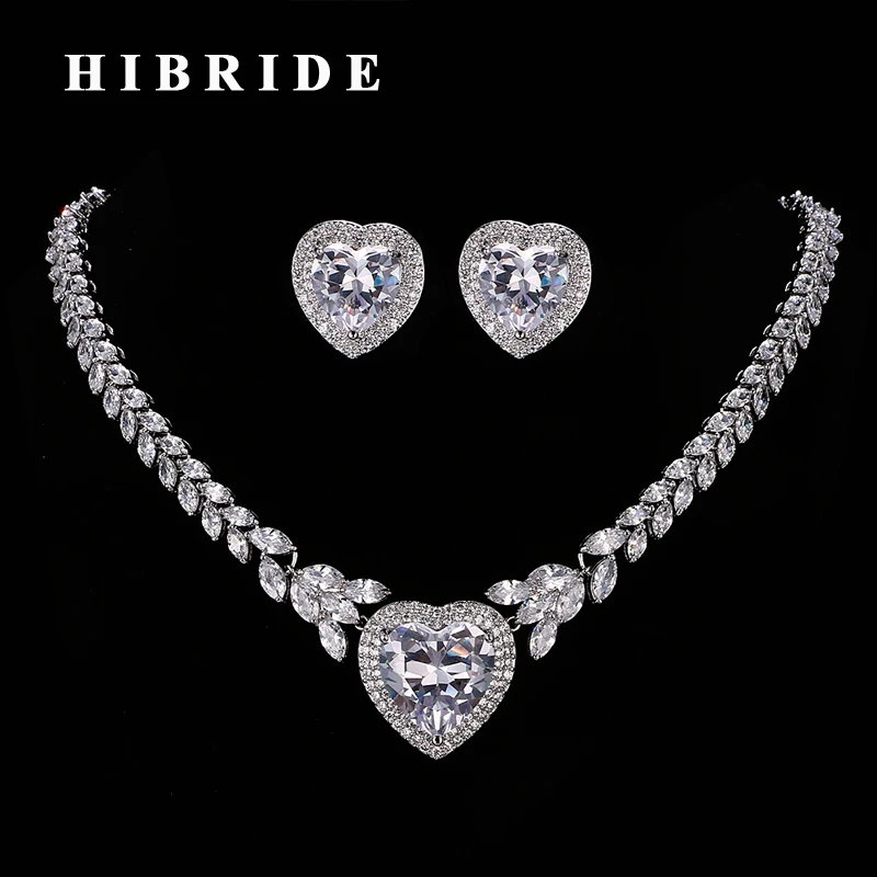 

HIBRIDE Romantic Heart Women Bridal Jewelry Sets AAA Cubic Zircon White Gold Color Necklace Earrings For Female N-190